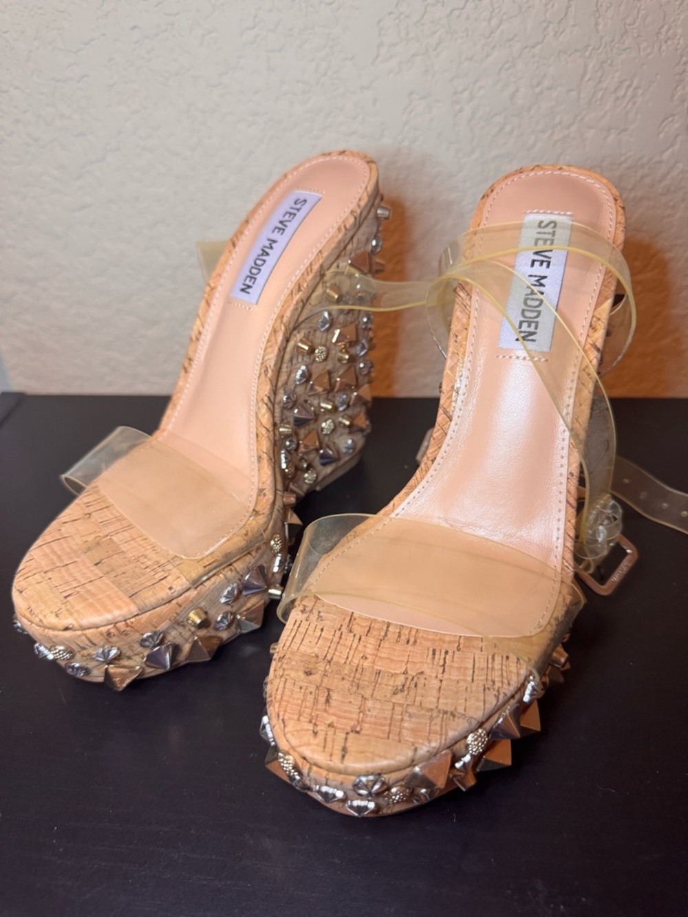 Steve Madden Cork Platform Sandals with Clear Straps and Silver Studs
